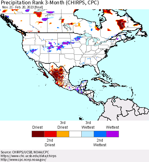 North America Precipitation Rank since 1981, 3-Month (CHIRPS) Thematic Map For 11/21/2022 - 2/20/2023