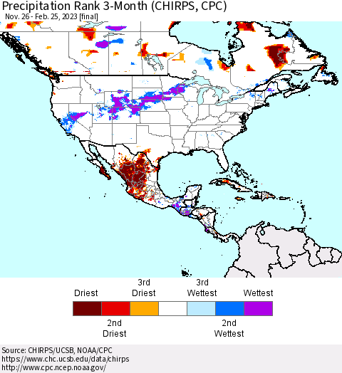 North America Precipitation Rank since 1981, 3-Month (CHIRPS) Thematic Map For 11/26/2022 - 2/25/2023