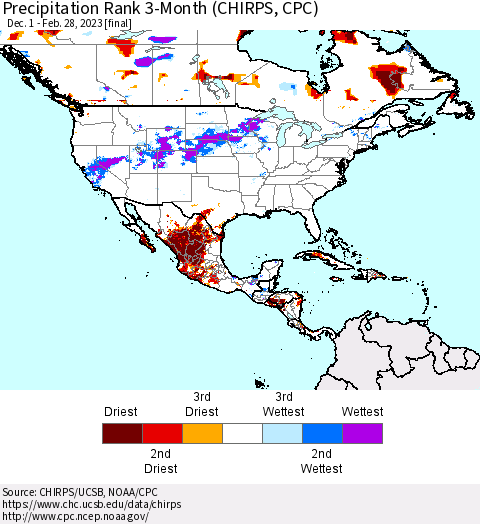 North America Precipitation Rank since 1981, 3-Month (CHIRPS) Thematic Map For 12/1/2022 - 2/28/2023