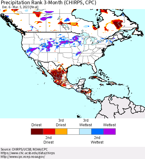 North America Precipitation Rank since 1981, 3-Month (CHIRPS) Thematic Map For 12/6/2022 - 3/5/2023
