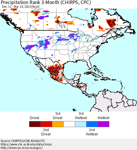 North America Precipitation Rank since 1981, 3-Month (CHIRPS) Thematic Map For 12/11/2022 - 3/10/2023