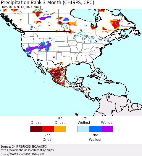 North America Precipitation Rank since 1981, 3-Month (CHIRPS) Thematic Map For 12/16/2022 - 3/15/2023