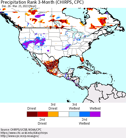 North America Precipitation Rank since 1981, 3-Month (CHIRPS) Thematic Map For 12/26/2022 - 3/25/2023