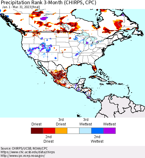 North America Precipitation Rank since 1981, 3-Month (CHIRPS) Thematic Map For 1/1/2023 - 3/31/2023