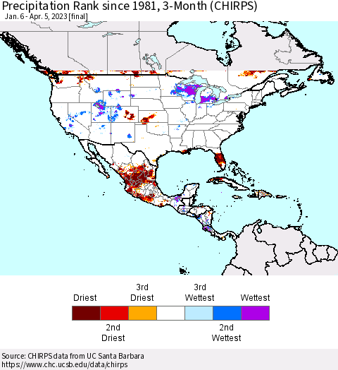 North America Precipitation Rank since 1981, 3-Month (CHIRPS) Thematic Map For 1/6/2023 - 4/5/2023