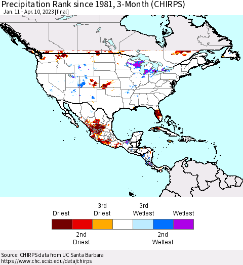 North America Precipitation Rank since 1981, 3-Month (CHIRPS) Thematic Map For 1/11/2023 - 4/10/2023