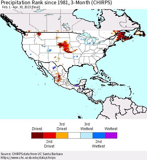 North America Precipitation Rank since 1981, 3-Month (CHIRPS) Thematic Map For 2/1/2023 - 4/30/2023