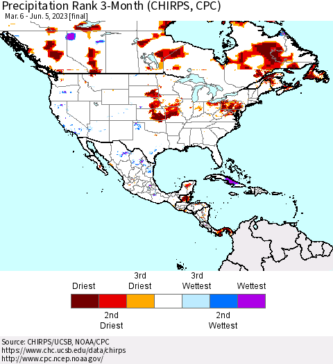 North America Precipitation Rank since 1981, 3-Month (CHIRPS) Thematic Map For 3/6/2023 - 6/5/2023