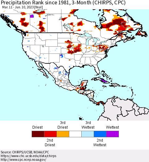 North America Precipitation Rank since 1981, 3-Month (CHIRPS) Thematic Map For 3/11/2023 - 6/10/2023