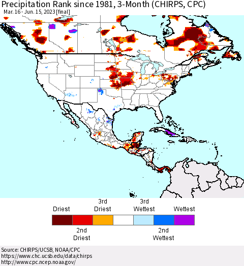 North America Precipitation Rank since 1981, 3-Month (CHIRPS) Thematic Map For 3/16/2023 - 6/15/2023