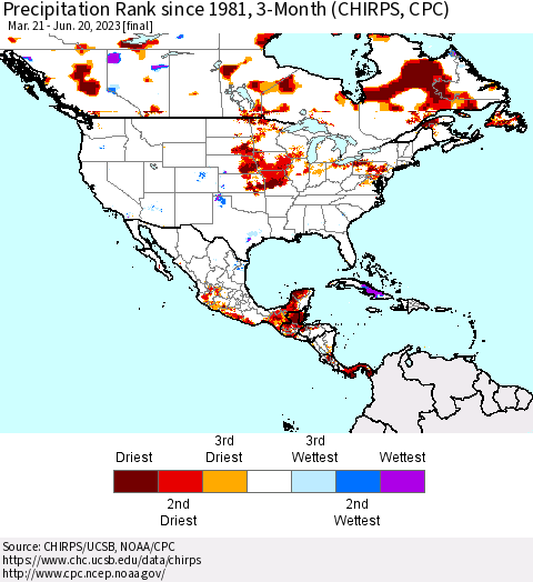 North America Precipitation Rank since 1981, 3-Month (CHIRPS) Thematic Map For 3/21/2023 - 6/20/2023