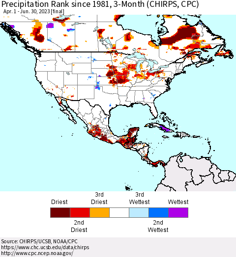North America Precipitation Rank since 1981, 3-Month (CHIRPS) Thematic Map For 4/1/2023 - 6/30/2023