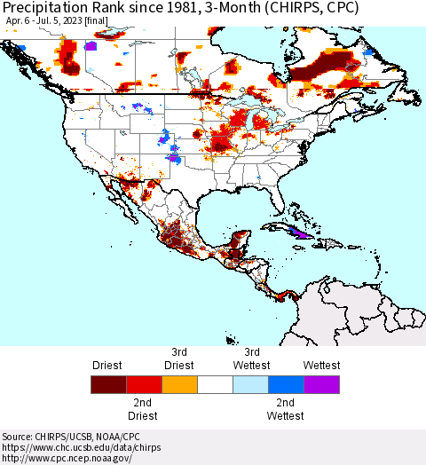 North America Precipitation Rank since 1981, 3-Month (CHIRPS) Thematic Map For 4/6/2023 - 7/5/2023