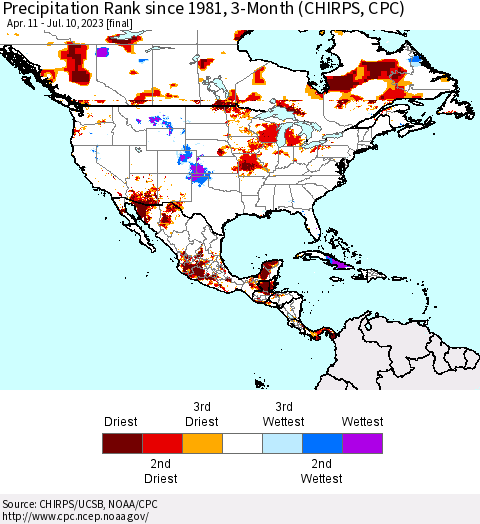 North America Precipitation Rank since 1981, 3-Month (CHIRPS) Thematic Map For 4/11/2023 - 7/10/2023