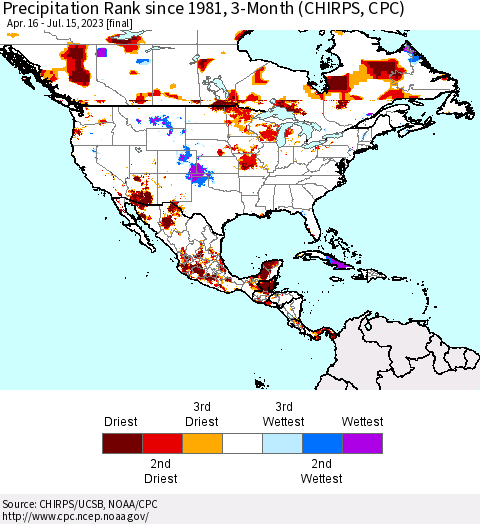 North America Precipitation Rank since 1981, 3-Month (CHIRPS) Thematic Map For 4/16/2023 - 7/15/2023