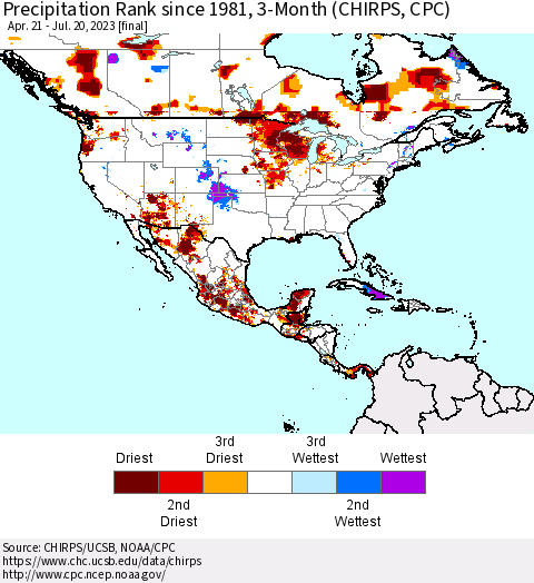 North America Precipitation Rank since 1981, 3-Month (CHIRPS) Thematic Map For 4/21/2023 - 7/20/2023