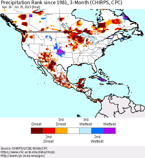 North America Precipitation Rank since 1981, 3-Month (CHIRPS) Thematic Map For 4/26/2023 - 7/25/2023
