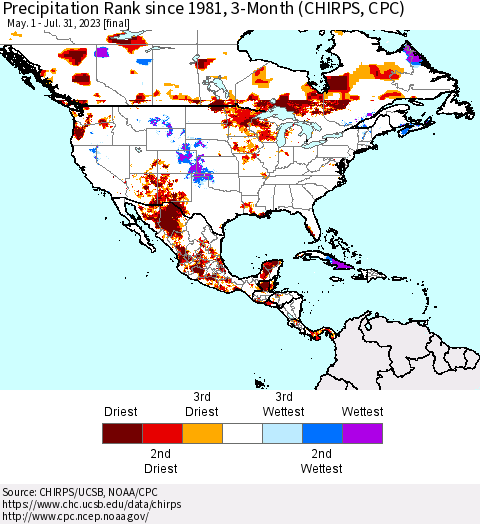 North America Precipitation Rank since 1981, 3-Month (CHIRPS) Thematic Map For 5/1/2023 - 7/31/2023