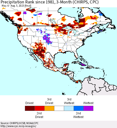 North America Precipitation Rank since 1981, 3-Month (CHIRPS) Thematic Map For 5/6/2023 - 8/5/2023