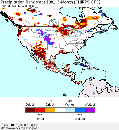 North America Precipitation Rank since 1981, 3-Month (CHIRPS) Thematic Map For 5/11/2023 - 8/10/2023