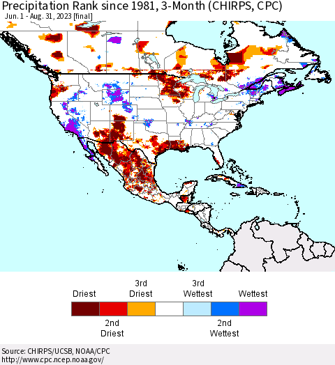 North America Precipitation Rank since 1981, 3-Month (CHIRPS) Thematic Map For 6/1/2023 - 8/31/2023