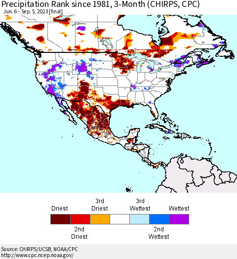 North America Precipitation Rank since 1981, 3-Month (CHIRPS) Thematic Map For 6/6/2023 - 9/5/2023