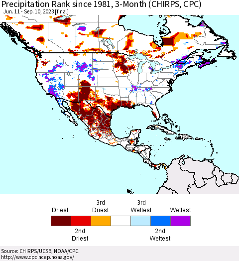 North America Precipitation Rank since 1981, 3-Month (CHIRPS) Thematic Map For 6/11/2023 - 9/10/2023