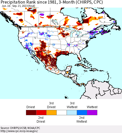 North America Precipitation Rank since 1981, 3-Month (CHIRPS) Thematic Map For 6/16/2023 - 9/15/2023