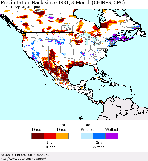 North America Precipitation Rank since 1981, 3-Month (CHIRPS) Thematic Map For 6/21/2023 - 9/20/2023