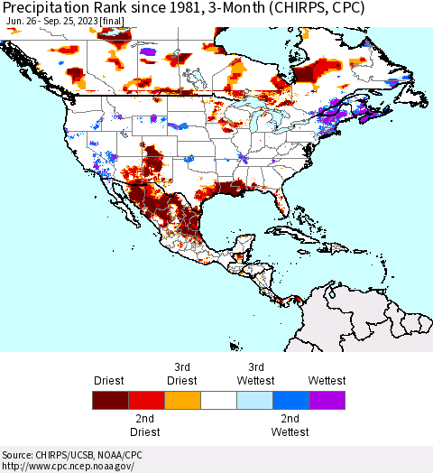 North America Precipitation Rank since 1981, 3-Month (CHIRPS) Thematic Map For 6/26/2023 - 9/25/2023