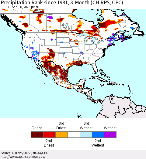 North America Precipitation Rank since 1981, 3-Month (CHIRPS) Thematic Map For 7/1/2023 - 9/30/2023