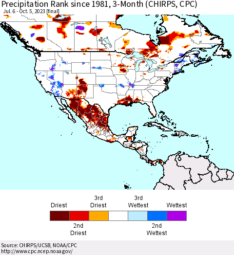 North America Precipitation Rank since 1981, 3-Month (CHIRPS) Thematic Map For 7/6/2023 - 10/5/2023