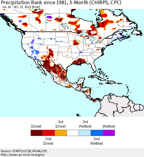 North America Precipitation Rank since 1981, 3-Month (CHIRPS) Thematic Map For 7/16/2023 - 10/15/2023