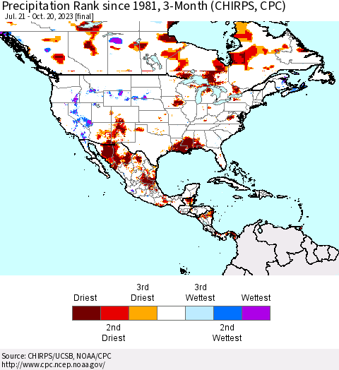 North America Precipitation Rank since 1981, 3-Month (CHIRPS) Thematic Map For 7/21/2023 - 10/20/2023
