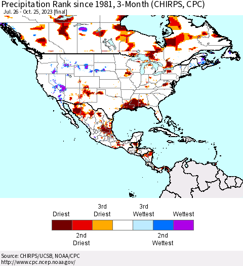 North America Precipitation Rank since 1981, 3-Month (CHIRPS) Thematic Map For 7/26/2023 - 10/25/2023