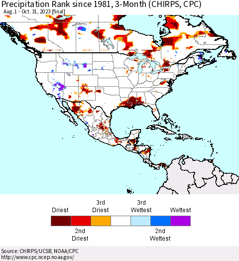 North America Precipitation Rank since 1981, 3-Month (CHIRPS) Thematic Map For 8/1/2023 - 10/31/2023