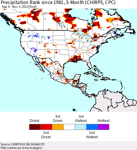 North America Precipitation Rank since 1981, 3-Month (CHIRPS) Thematic Map For 8/6/2023 - 11/5/2023