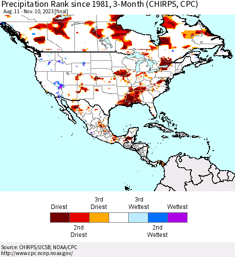 North America Precipitation Rank since 1981, 3-Month (CHIRPS) Thematic Map For 8/11/2023 - 11/10/2023