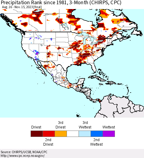 North America Precipitation Rank since 1981, 3-Month (CHIRPS) Thematic Map For 8/16/2023 - 11/15/2023
