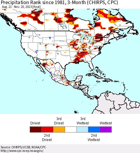 North America Precipitation Rank since 1981, 3-Month (CHIRPS) Thematic Map For 8/21/2023 - 11/20/2023
