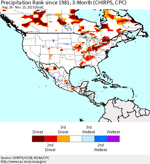 North America Precipitation Rank since 1981, 3-Month (CHIRPS) Thematic Map For 8/26/2023 - 11/25/2023