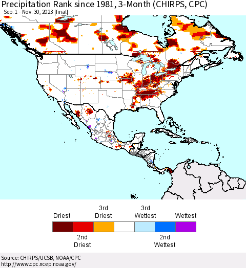 North America Precipitation Rank since 1981, 3-Month (CHIRPS) Thematic Map For 9/1/2023 - 11/30/2023