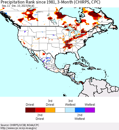 North America Precipitation Rank since 1981, 3-Month (CHIRPS) Thematic Map For 9/11/2023 - 12/10/2023