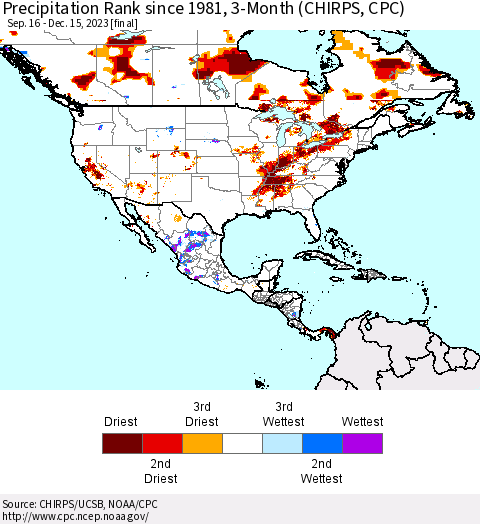 North America Precipitation Rank since 1981, 3-Month (CHIRPS) Thematic Map For 9/16/2023 - 12/15/2023