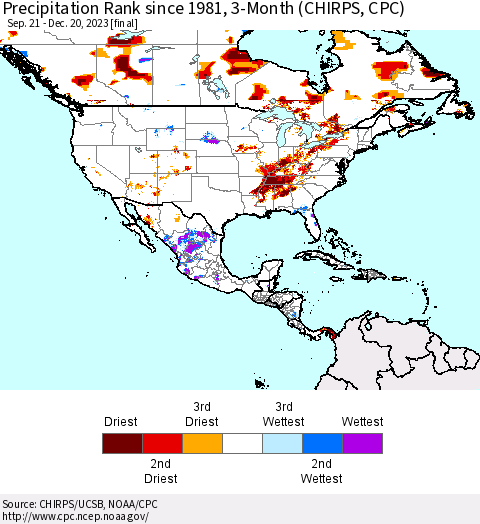 North America Precipitation Rank since 1981, 3-Month (CHIRPS) Thematic Map For 9/21/2023 - 12/20/2023