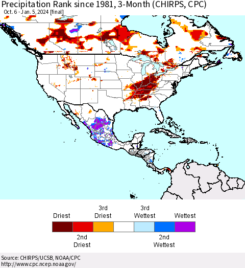 North America Precipitation Rank since 1981, 3-Month (CHIRPS) Thematic Map For 10/6/2023 - 1/5/2024
