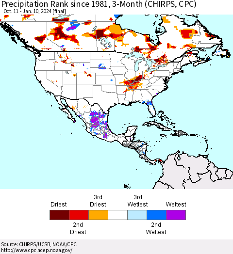 North America Precipitation Rank since 1981, 3-Month (CHIRPS) Thematic Map For 10/11/2023 - 1/10/2024