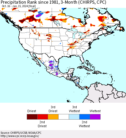North America Precipitation Rank since 1981, 3-Month (CHIRPS) Thematic Map For 10/16/2023 - 1/15/2024