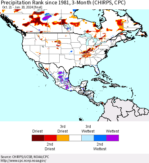 North America Precipitation Rank since 1981, 3-Month (CHIRPS) Thematic Map For 10/21/2023 - 1/20/2024