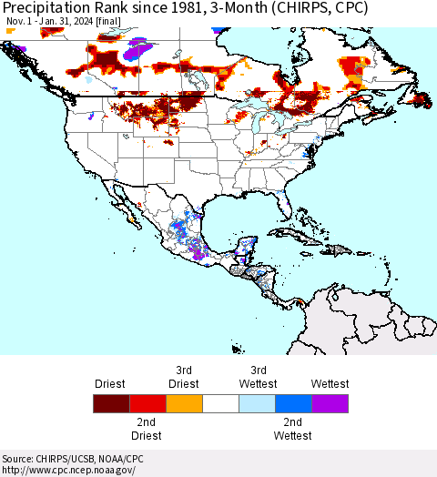 North America Precipitation Rank since 1981, 3-Month (CHIRPS) Thematic Map For 11/1/2023 - 1/31/2024